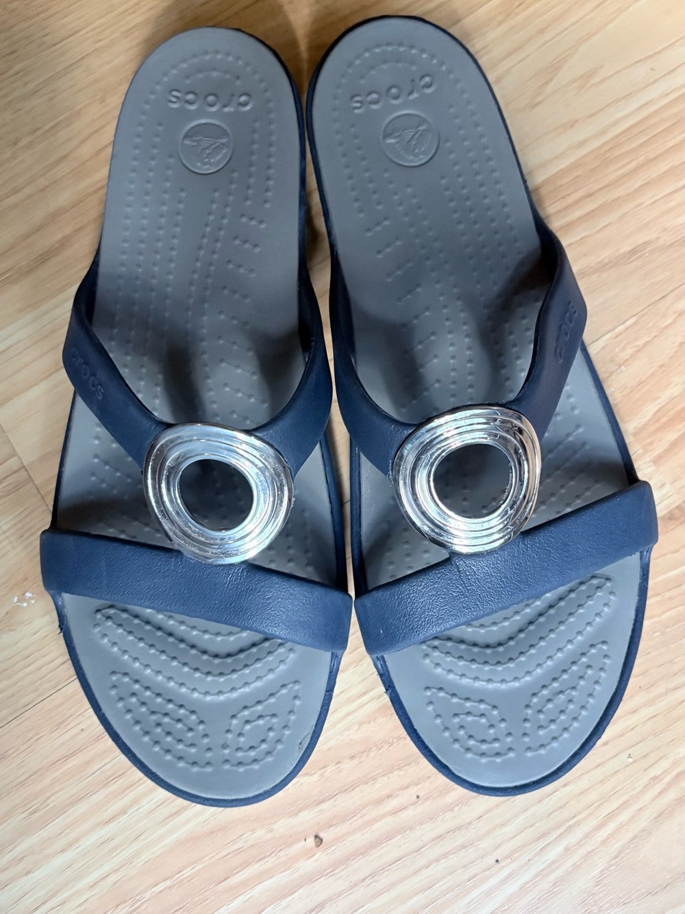 CROCS Women's Navy and Gray Sandals with Silver Ring Accent